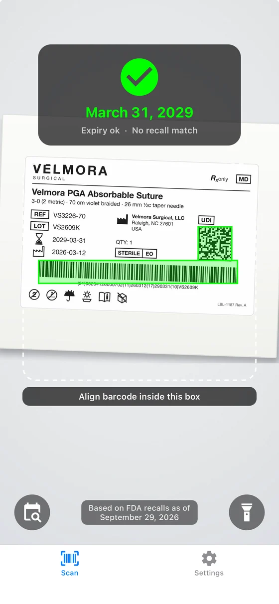 VerifyDI scan screen: a suture label read as in date, with no recall match