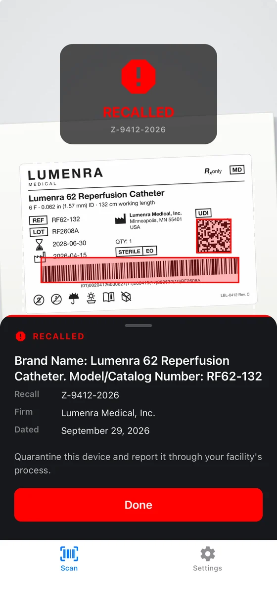 VerifyDI scan screen: a catheter flagged as recalled, with the recall number, firm and date